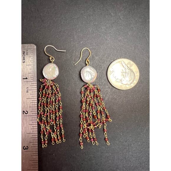 Freshwater pearl and garnet chandelier sterling silver earrings - Picture 9 of 14